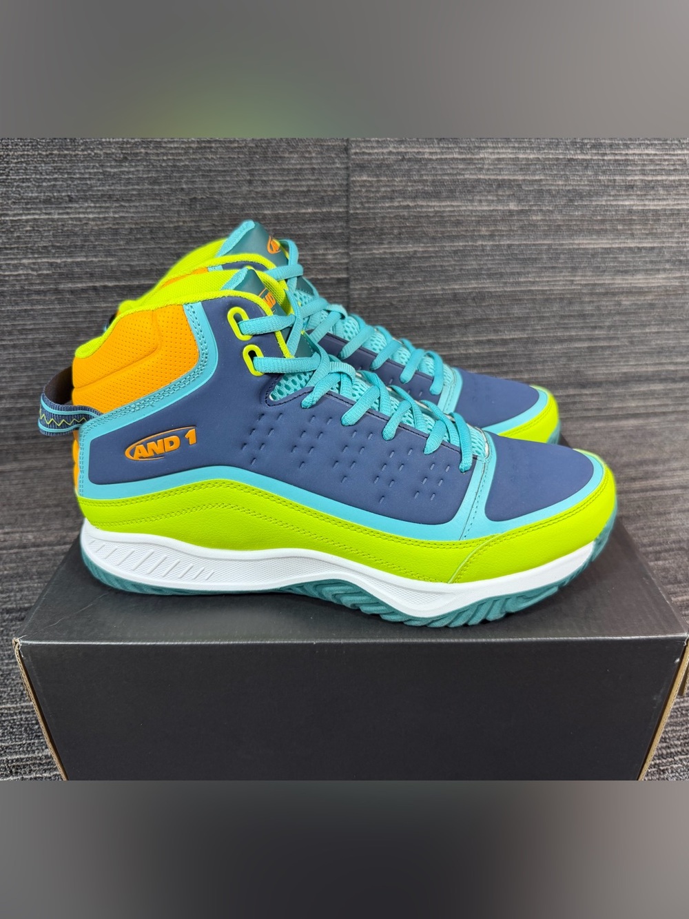 And 1 Pulse 2.0 TPR Navy, Lime & Aqua High-Top Basketball Sneakers Mens 9.5 New
